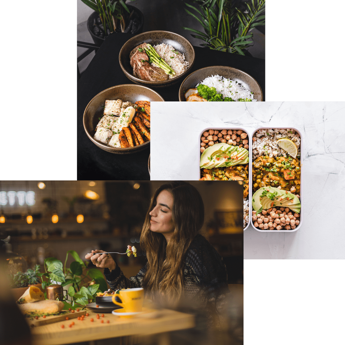 Woman enjoying food, meals in stirage container and food bowls on a table